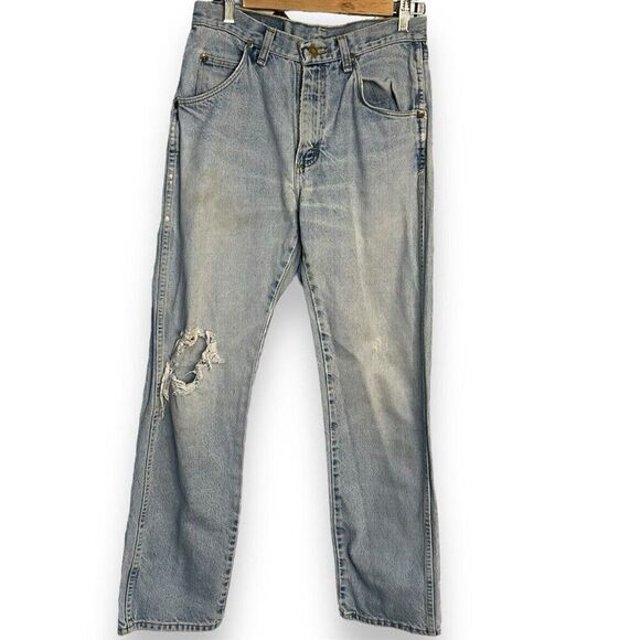 Wrangler Bootcut Jeans Women's 8 Blue Pockets Worn Busted Knee Casual FLAWED Zip - Picture 1 of 11